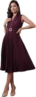 Majesta Women's Solid Pleated Fit & Flare Calf Length Dress with Belt | Sleeveless V-Neck Western Dress | One Piece for Party & Office Wear