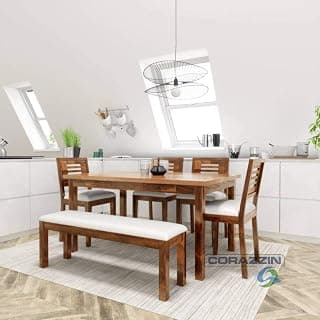 Solid Wood Dining Table 4 Seater | Dinning Table with Four Chairs & 1 Bench | Dining Room Furniture | Light Honey Finish, Sheesham Wood
