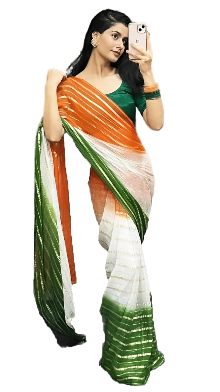 Sidhidata Women's Nylon Hand Printed Tri Colour Saree With Unstitched Blouse Piece (Tiranga Sareee)