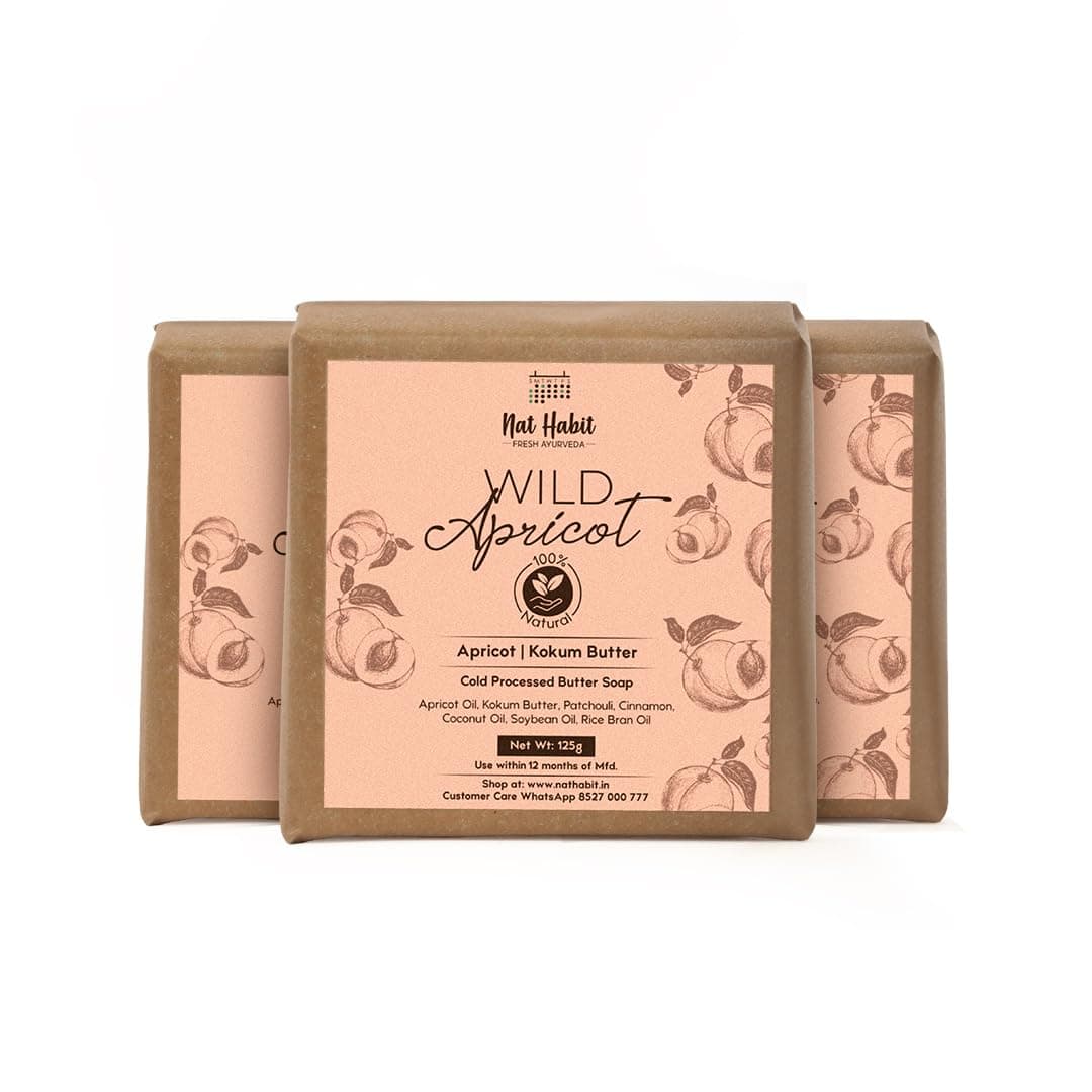 Nat Habit Apricot Exfoliating Bath Soap|Ayurvedic Antiaging Handmade Soap with Vitamin A & E for Moisturization | Scrubs & Exfoliants Clears Dead Cells & Efective on Dry or Sensitive Skin | Pack of 3 X 125g