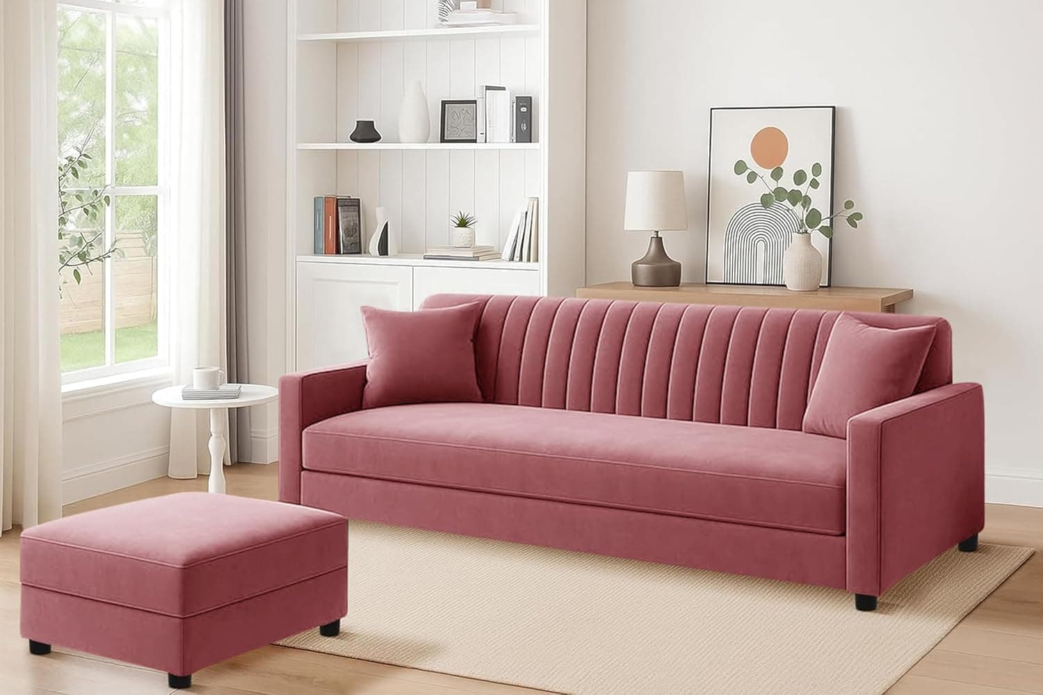 Rosebell 3 Seater Sofa Set with Ottoman, Plush Upholstered Couch with Matching Footrest, Modern Comfortable Seating for Living Room Bedroom Home Furniture - Rose Pink Color
