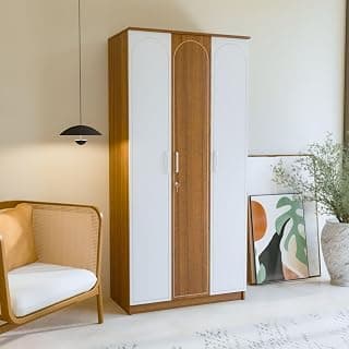 Amazon Brand - Solimo Trio Engineered Wood 3-Door Wardrobe for Clothes & Storage | Multipurpose Cabinet for Kitchen, Bedroom, Living Room | White Arch Door with Leon Teak Finish | 1 Year Warranty