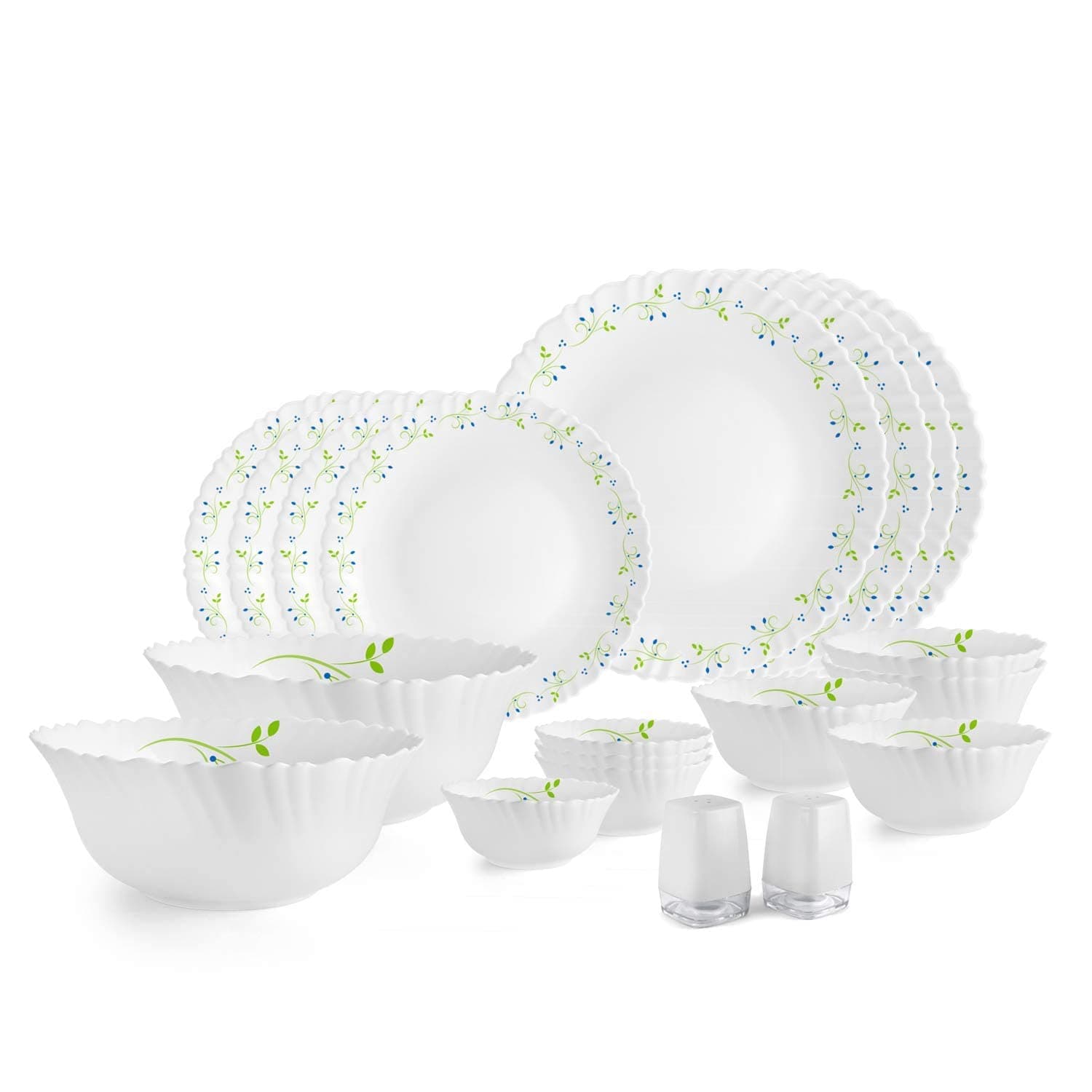 CELLO Tropical Lagoon Dazzle Series Opalware Dinner Set of 20 Pieces For Family of 4 | Bone-Ash Free & Leadfree Opal Glass, Microwave & Dishwasher Safe Plates & Bowls Crockery Set For Dining & Gifting