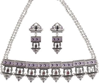VOYLLA Festive Hues Oxidised Silver Meenakari Design Jewellery Set For Women, Jewellery Set For Women, Womens Gift, Gift For Her