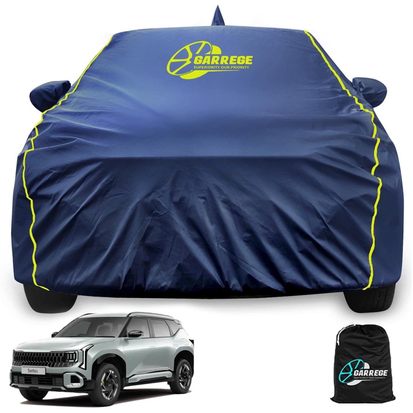 GARREGE Waterproof Car Body Cover Compatible with Kia Seltos 2026 Model with Mirror & Anteena Packets Dust Proof & Belt with Elastic All Weather Protection Navy Blue Colour Custom Fit.