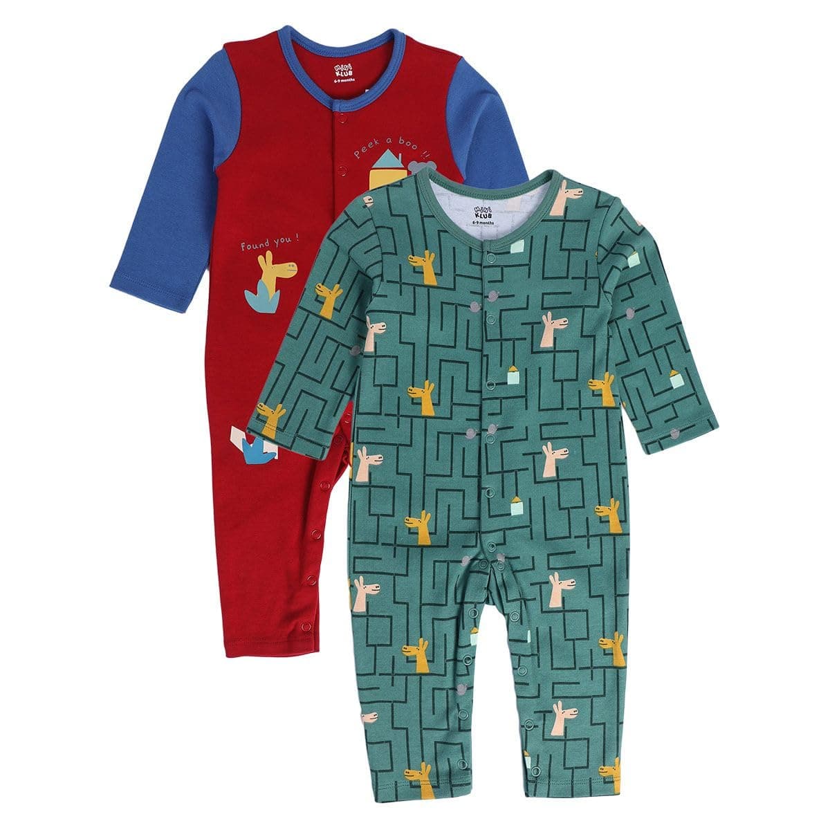 miniklub Baby Front Open Long Sleeve Full Length Knitted Cotton Romper, Pack of 2 (Green/Red Color)