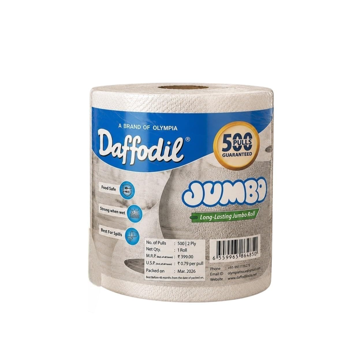 DAFFODIL 2 Ply Jumbo Kitchen Towels – 500 Pulls Pack of 1 Roll | Ultra-Absorbent Kitchen Towel Roll | Long Lasting Paper Towel for Kitchen Cleaning, Oil Absorption & Household Use