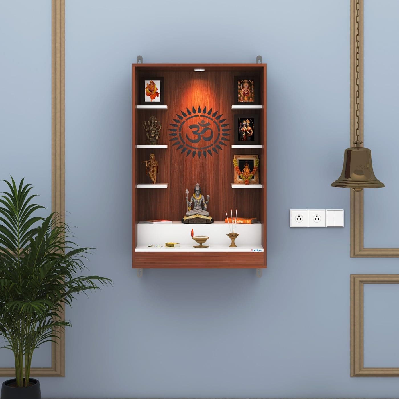 Anikaa Niketana Wooden Wall Mount Mandir for Home | Pooja Temple with LED Light, Om Back Panel & 6 Shelves | Hindu Wooden Temple for Home & Office Decoration | Walnut/White (DIY), Size(32x20x8 Inches)