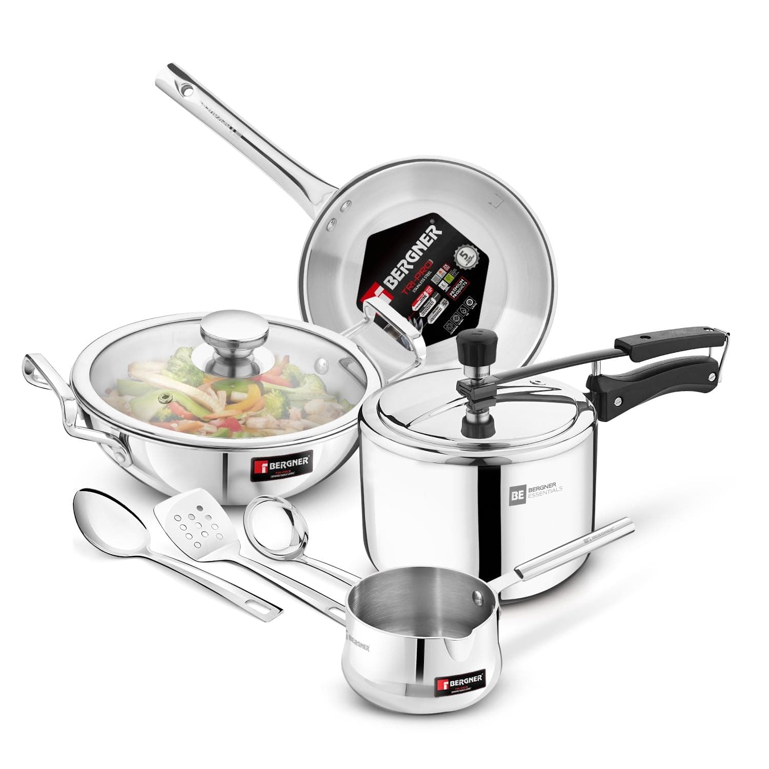Bergner BE Essentials Tripro Tri-Smart Induction Bottom 8 Pcs Gift Set - 3L Inner Lid Pressure Cooker, 22cm Kadai, 22cm Frypan with Common Glass Lid, 12cm Coffee Warmer, Ladle, Serving Spoon, Turner