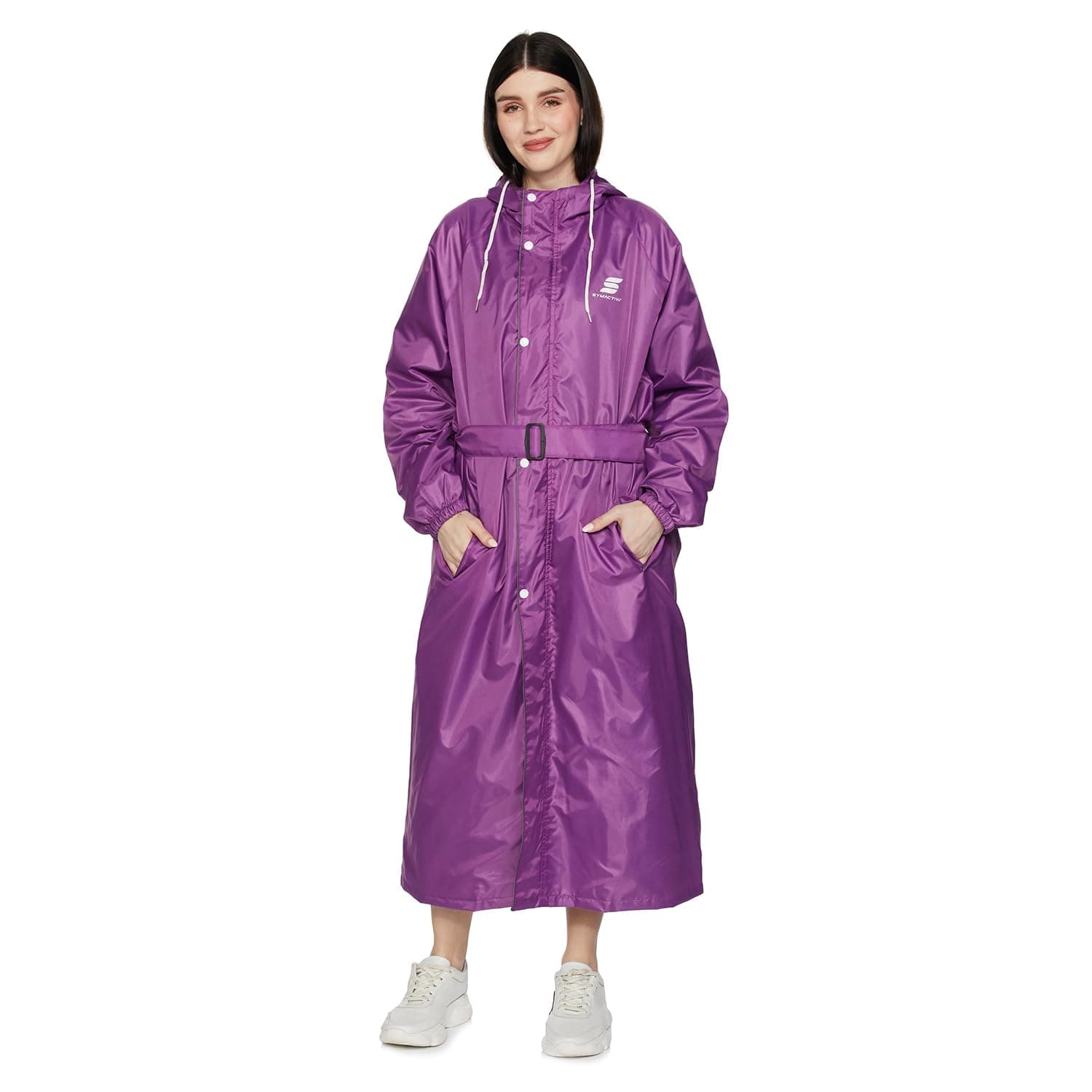 Amazon Brand – Symactive Polyester Long Raincoat with Hood & Waist Belt for Women | Double Layered | Waterproof | Seam-Sealed, High Neck | Size M | Purple