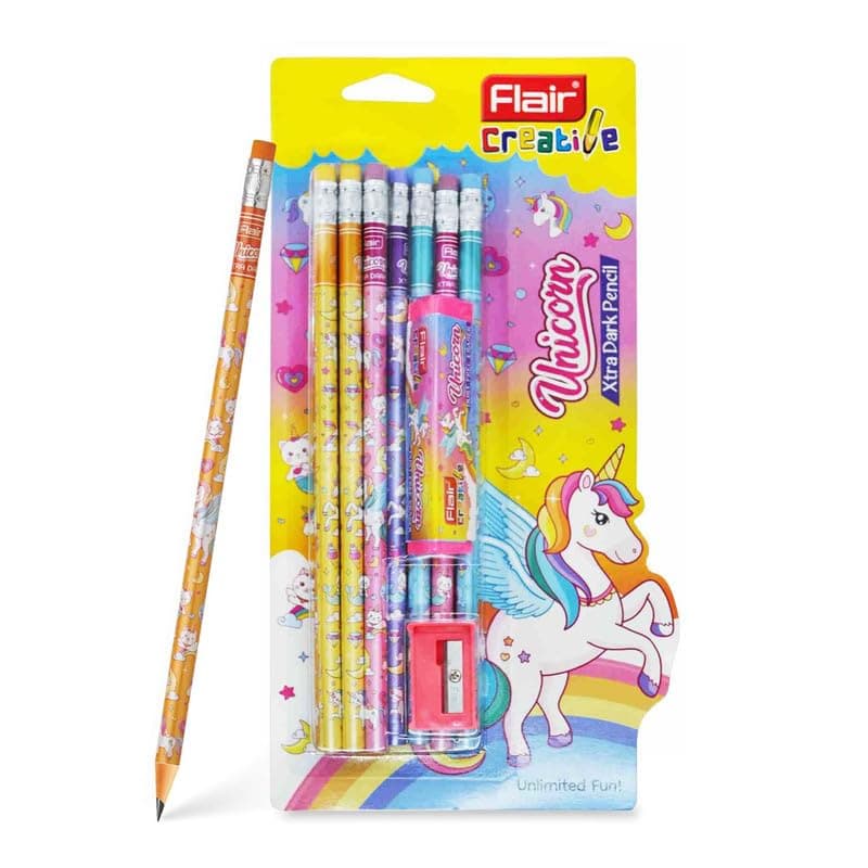 FLAIR Unicorn Kit Of Pencils, Eraser & Sharpener | Helps Achieving Neat & Clean Handwriting | Ergonomic Design With Rubber Tip | Multicolor, Set of 1