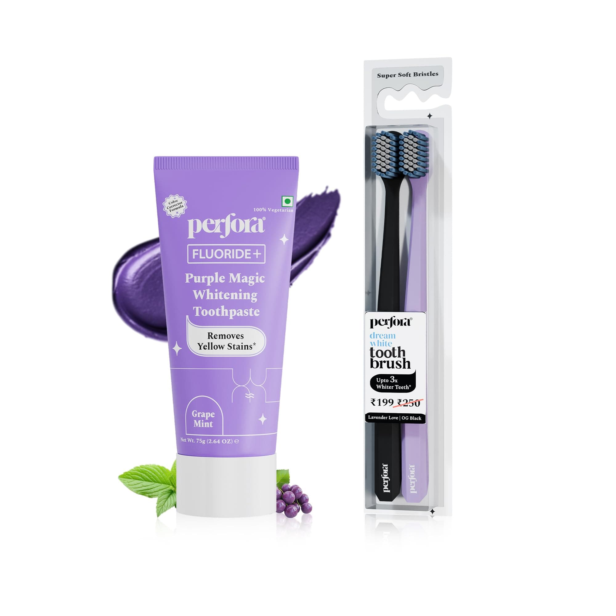Perfora Teeth Whitening Combo | Manual Toothbrush Pack of 2 & Purple Toothpadte-75gm | Enamel-Safe & Sensitivity-Free Oral Care Formula For Tooth Stain Removal | Super Soft Bristles For Sensitive Teeth