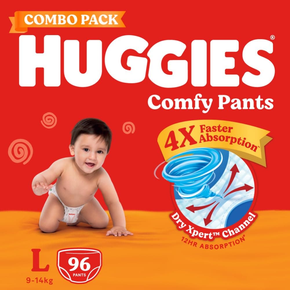 Huggies Comfy Pants Baby Diaper, Large (L) Size (9-14 Kgs), Pack of 96 (32 Count, Pack of 3)