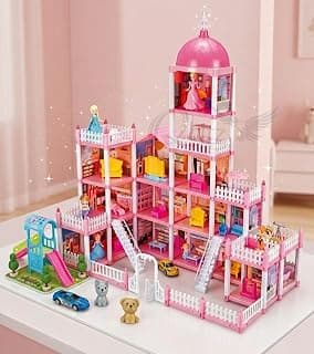 Qbitz DIY Dream Castle Doll House for Girls, 15 Rooms Princess Dollhouse Playset with Furniture, Pool & Slide, Big Pink Pretend Play Toy Gift for Kids Age 3-10 Years