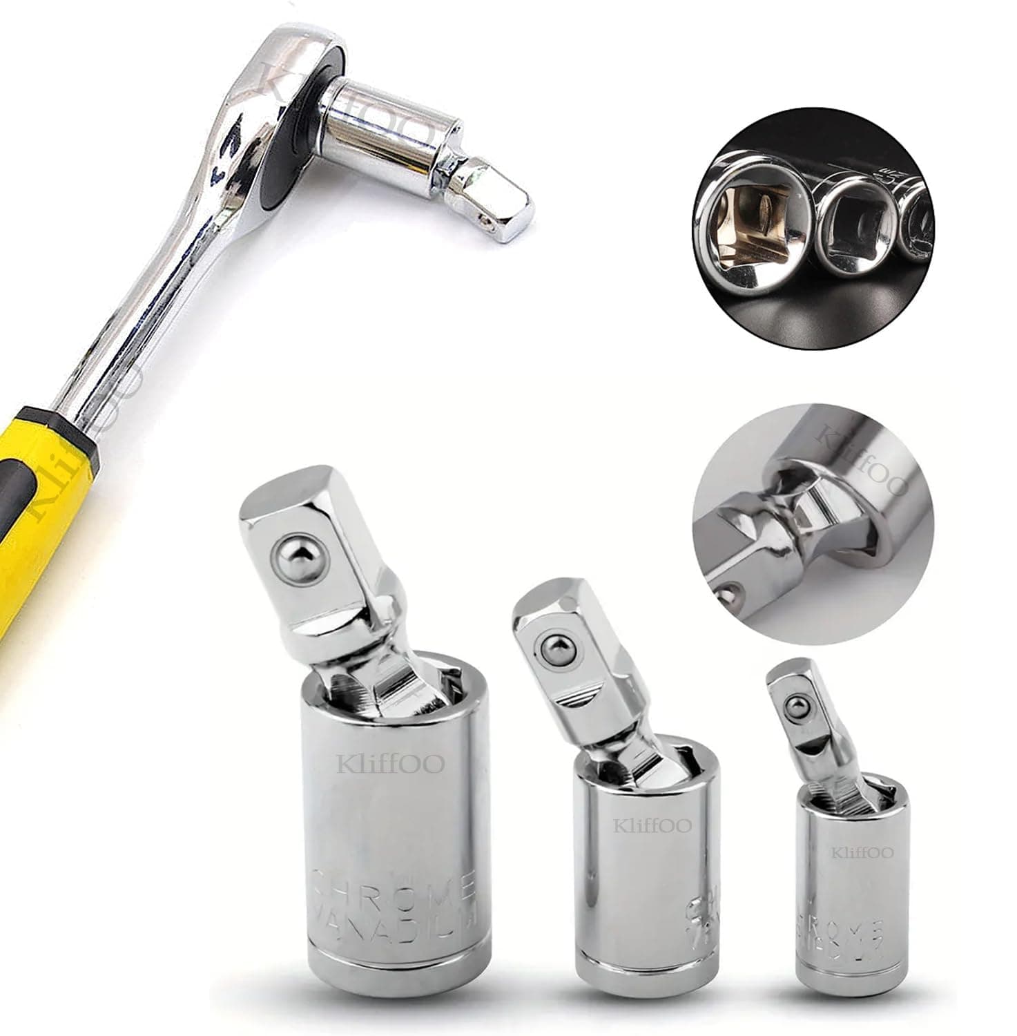 Universal Joint Socket Swivel Adapter 3 Piece Set,1/2", 3/8", and 1/4" Set Ratchet Angle Extension Bar Adapter,360 Degree Rotation Sockets for Wrench