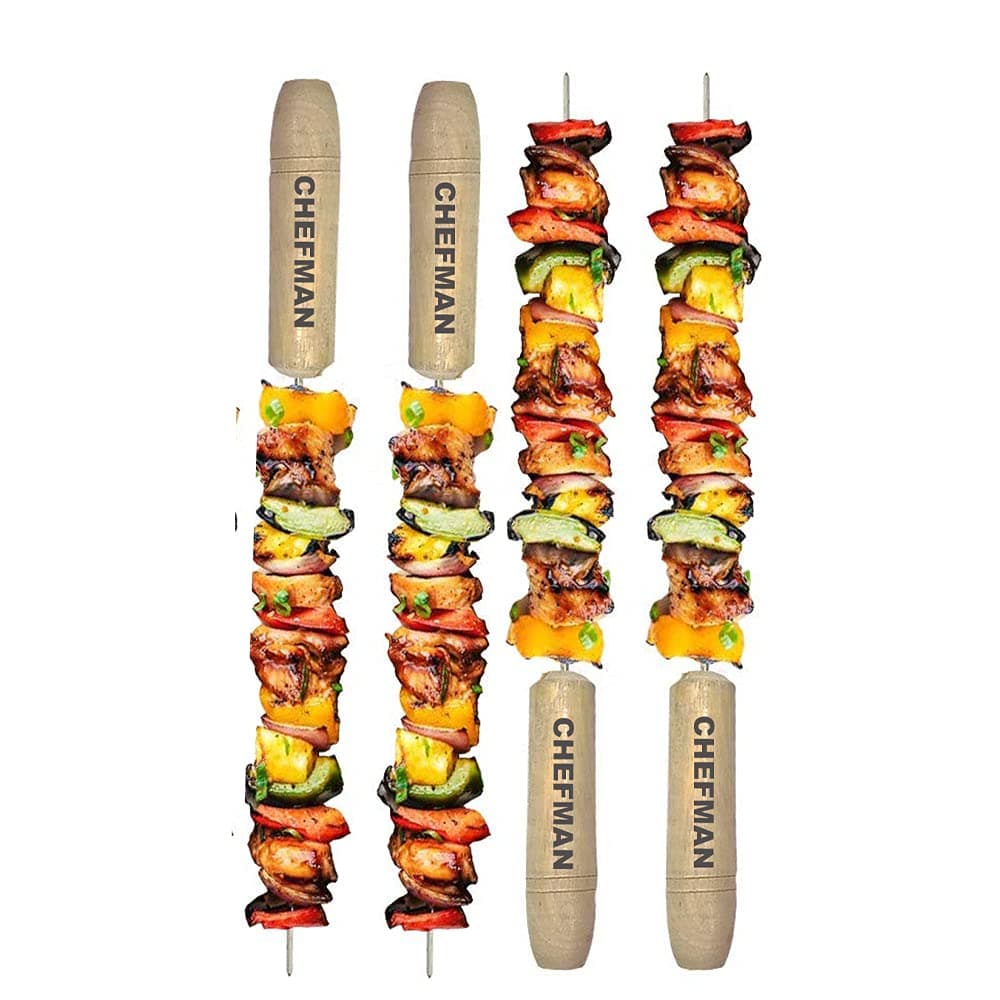 Chefman BBQ Skewers with Wooden Handles for All Types of Grilling | Heavy Duty, Reusable Barbecue Skewers for Outdoor Grilling, Roasting, and Tandoor | Ideal for Meat, Vegetables, Kabobs,| Set of 4