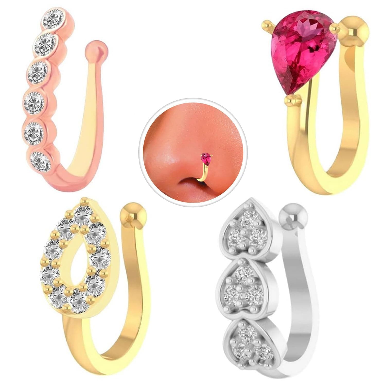 VAMA FASHIONS Silver Gold Rosegold Non Piercing Clip On Nose Pins Without Hole Pressing Type Nosering Studs for Women & Girls