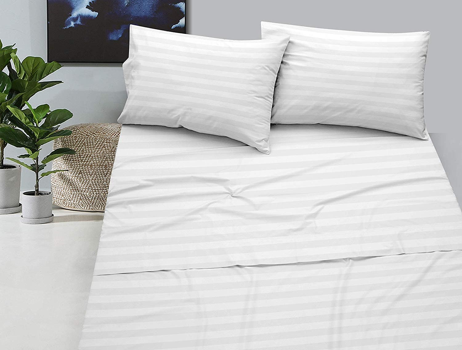 CCWB Cotton Craft Premium 100% Cotton 600 TC Bedsheet and Pillow Cases (Single, White Stripe)