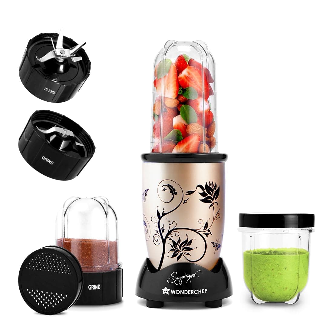 Wonderchef Nutri-blend 500W Mixer Grinder, 22000 RPM Motor, Smoothie Maker, Masala Grinder, Chutney Blender, 3 Unbreakable Jars, Recipe Book by Chef Sanjeev Kapoor, 2 Yr Warranty, Champagne