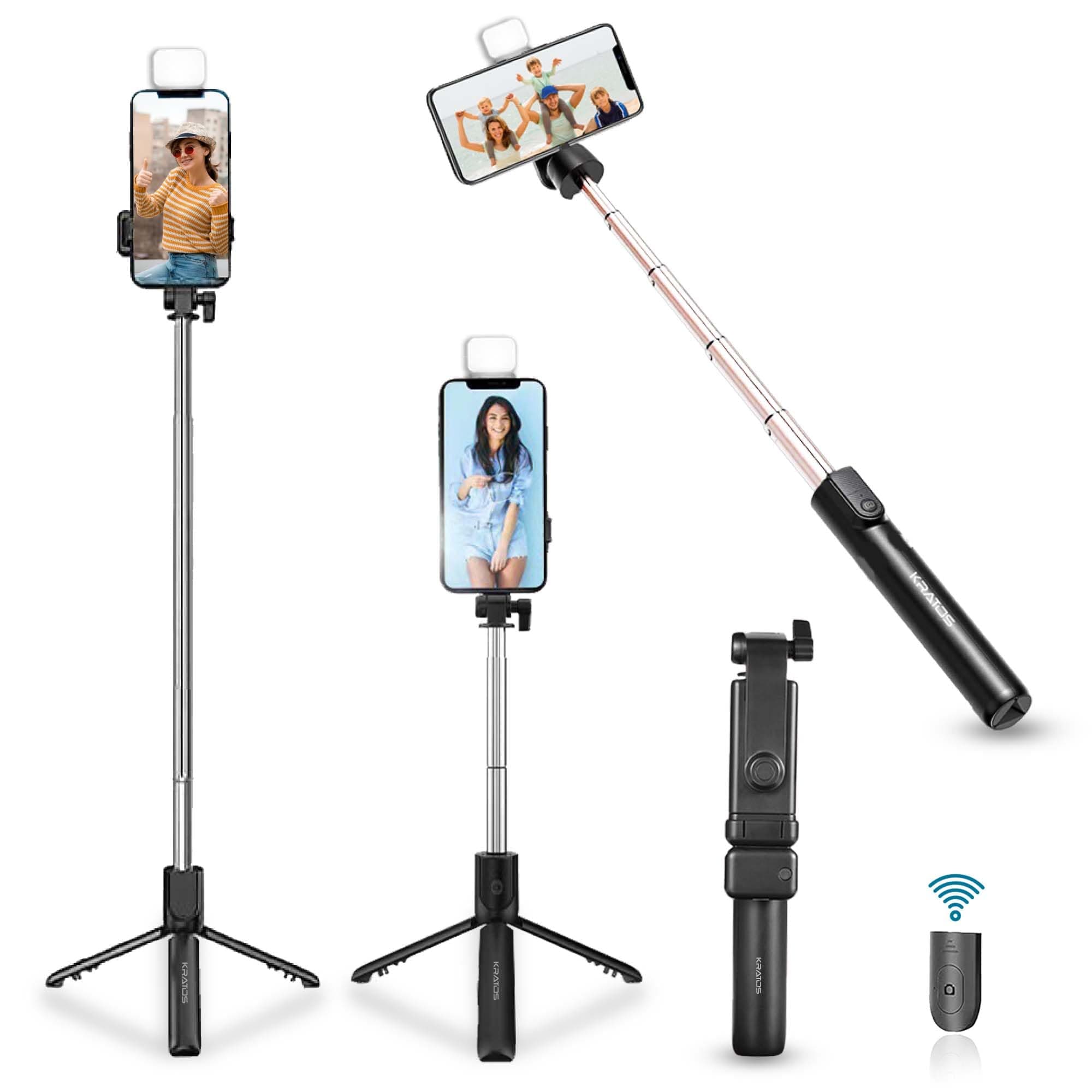 Kratos Upgraded 2026 Selfie Stick Tripod Stand with Light, 3 in 1 Multifunctional Design, Rechargable LED Light with Two Brighness Levels for Make up, Selfie, Vlogging & Photo Shoot