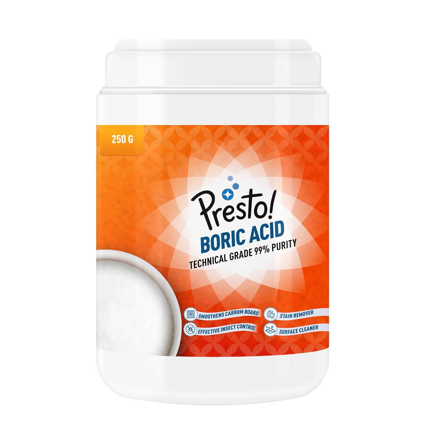 Amazon Brand - Presto! Boric Acid Powder | 250 Gram | Technical Grade 99% Pure | Multipurpose Use for Pest Control, Cleaning, & Carrom Board