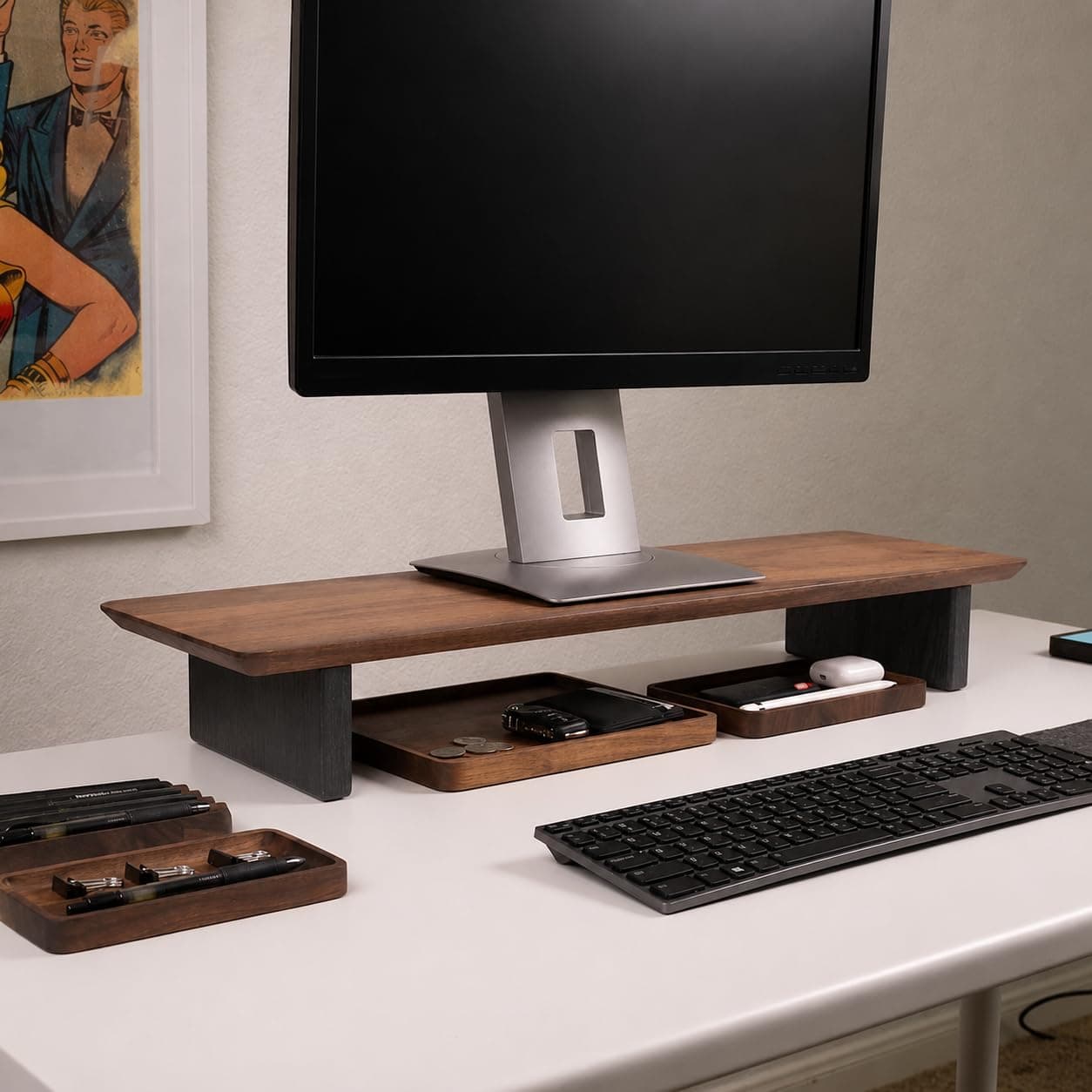 carpentray 66Cm Wooden Computer Long Monitor Stand, Monitor Riser Desk Shelf Desktop Legs Stand TV Laptop Riser with Keyboard Storage Desk (Walnut Finish/Black Legs) (66cm)
