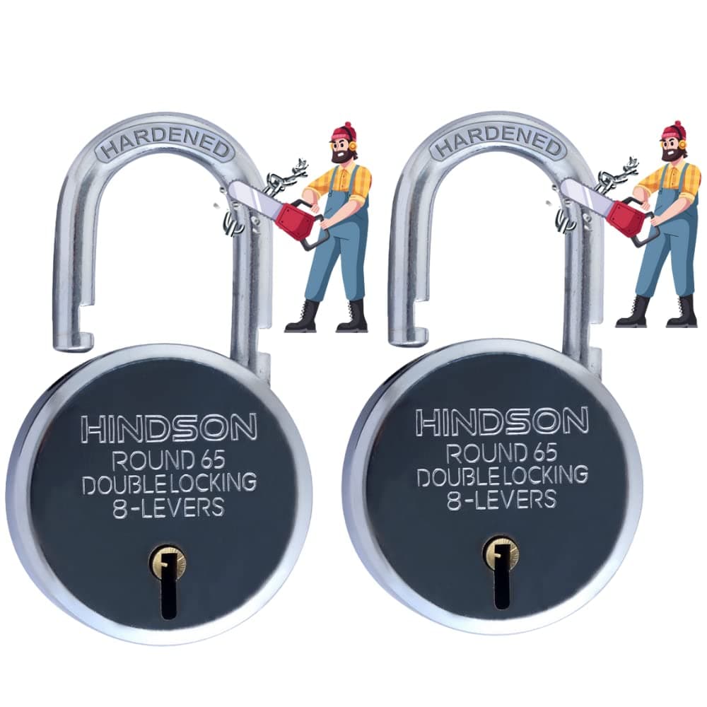 Hindson Heavy Duty Round 65mm Padlock with 3 Keys | Steel Double Locking | 8 Lever Security Lock for Door, Gate, Shutter | Silver Finish, Keyed Alike (Pack of 2) - Commercial and Residential Use