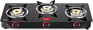Pigeon by Stovekraft Aster 3 Burner Gas Stove with High Powered Brass Burner Gas Cooktop, Cooktop with Glass Top and Powder Coated Body, Black, Manual Ignition, Standard (14267)