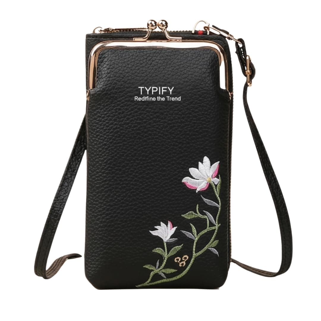 TYPIFY®Women’s Mobile Sling Bag with Wallet | PU Leather Crossbody Pouch with Floral Embroidery | Lightweight Shoulder Purse for Girls & Ladies | Gift for Her