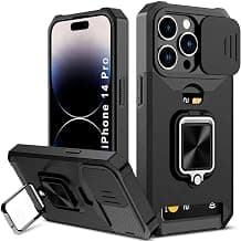 LuxuryKase Shockproof Armor Case for iPhone 14 Pro | Slide Camera Cover | Hidden Card Slot | Rotating Ring Kickstand | Magnetic Car Mount Support | Military Grade Protection – Black