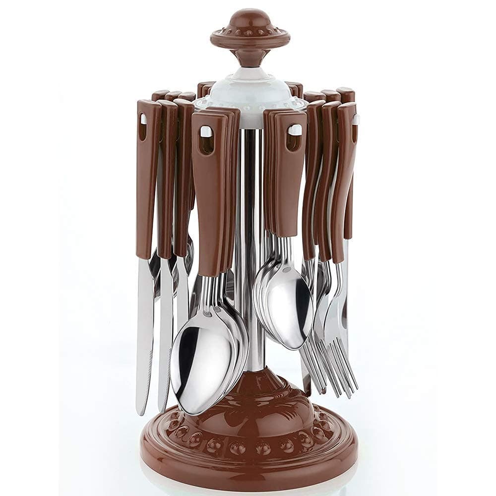 Dweezhet Cutlery Set Stainless Steel 24 Pieces Brown Cutlery Super Set with Stand Holder for Spoon and Fork 6 Tea Spoon, 6 Dessert Spoon, 6 Dessert Fork, 6 Butter Knife, 1 Stand Brown (Pack of 1)