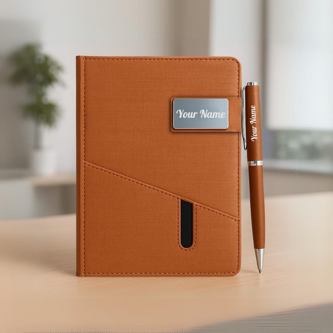 Giftana Personalized Jute Diary with Pen Gift Set, 2 in 1 Customized Pen with Notebook Planner and Organiser Office A5 Diary, New Year Corporate Gifts for Employee (Brown)