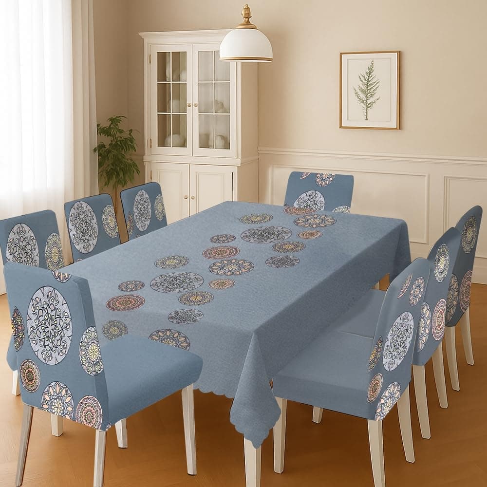 Stylista 8 Seater Dining Table Cover Set with Chair Covers - Mandala Motifs in Circular Patterns- Table Cover Dimension in inches WXL 59x108