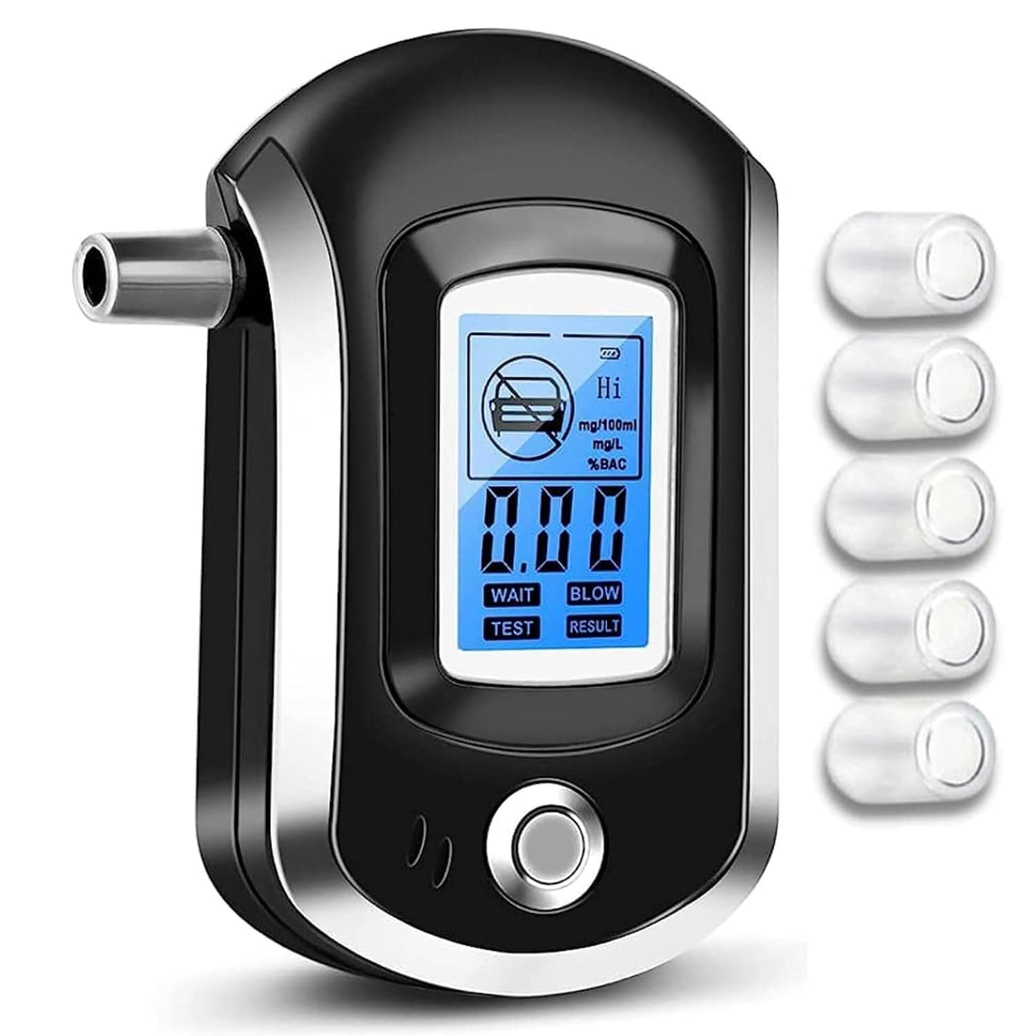 PESOMA Professional LCD Display Police Alcohol Detector Digital Breath Alcohol Tester Breath Analyzer Auto Driving Safety Tool with 5 Mouthpiece-Exterior Scratch Free (Black)