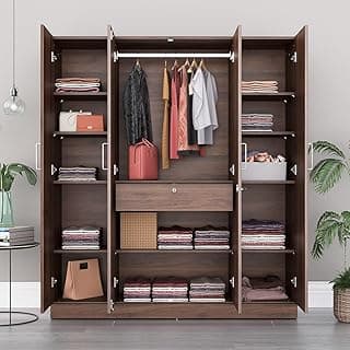 Wakefit Wardrobe for Bedroom | 1 Yr Warranty | Cupboard for Bedroom, Almirah, Wooden Wardrobe, Multi-Shelves with Drawer & Hanger, Density:680–750 kg/m³, Free Installation (Gingham - Columbian Walnut)