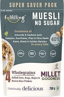 Fulfilling Muesli Sugar free - Pumpkin, Flax & Chia seeds, Dry fruit & Nuts - Rolled Oats + Millet flakes | No added Sugar snack | Gluten free Healthy Breakfast 700g