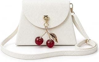 KBR Women's Mini Crossbody Sling Bag, Textured PU Leather Shoulder Purse with Cherry Pendant Charm, Adjustable Strap, Magnetic Flap Closure, Compact Fashion Handbag for Girls & Women (Cream White)