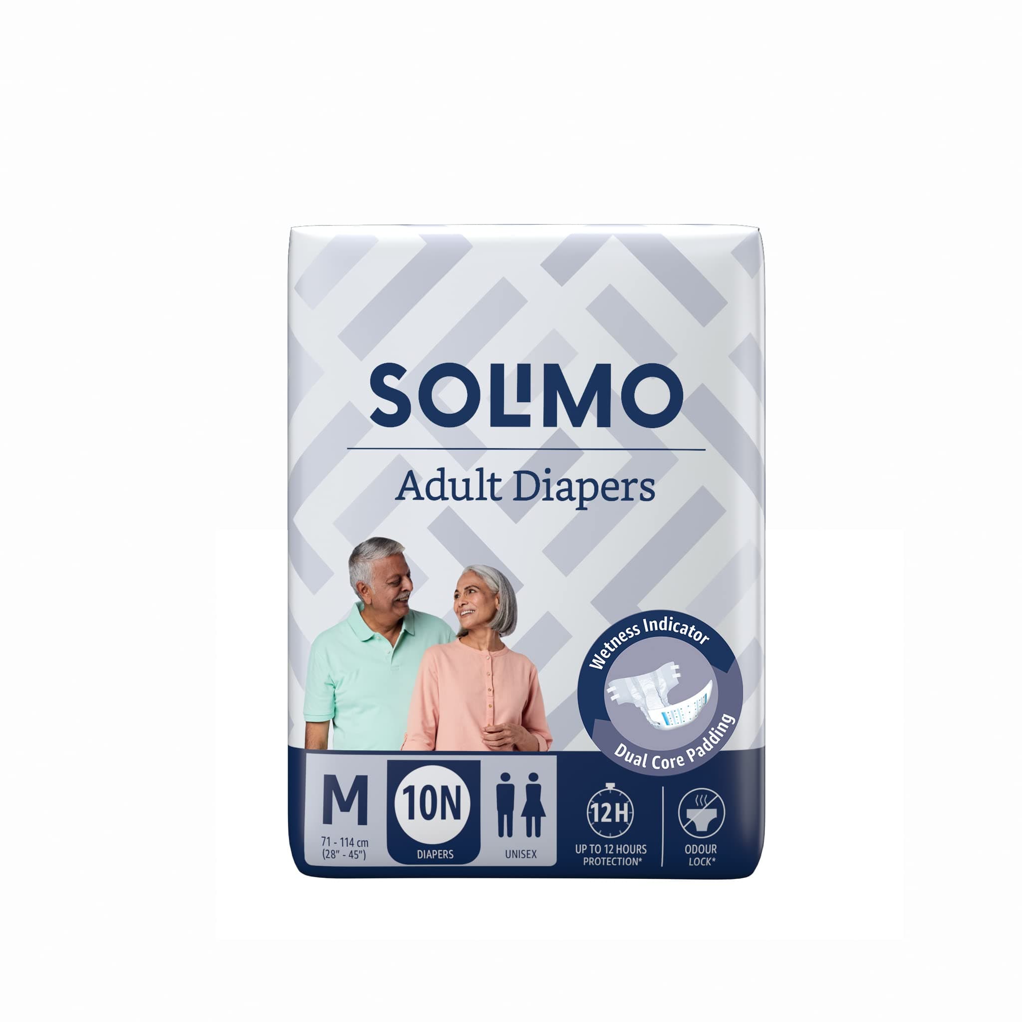 Amazon Brand - Solimo Adult Diapers Tape Style | Medium Size | 10 Count | Waist 28-45 Inch (71-114 cm) | Fast Absorption | Leak Proof | Unisex | For Men & Women