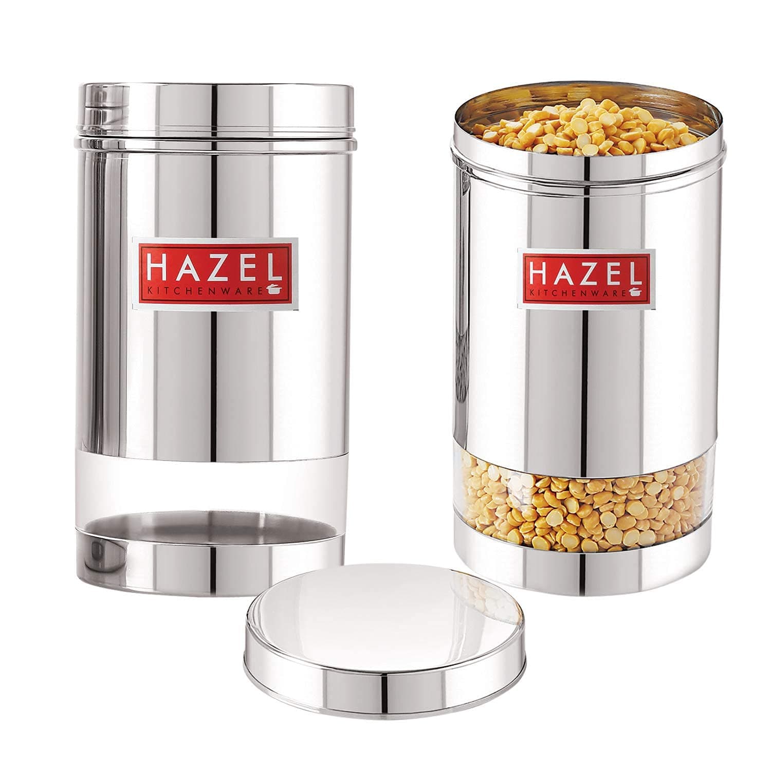 HAZEL Stainless Steel Tea Coffee Sugar Containers I Ideal for Multipurpose Item Storing I Set of 2 Transparent Jars with 1200 ML Capacity each I Silver Color Box with Glossy Finish