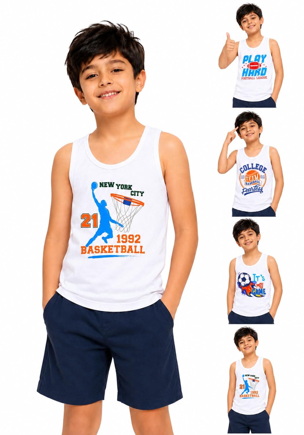 DYCA by Bodycare Boys Sleeveless Vest, Soft Cotton Round Neck Kids Undershirt, Breathable Comfortable Everyday Innerwear,Pack of 4(Print & Color May Very)