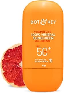 DOT & KEY Vitamin C + E 100% Mineral Sunscreen In-Vivo Tested SPF 50+ PA++++ | No White Cast, Lightweight Fluid, With Zinc Oxide & Titanium Dioxide | Blends Easily, Boosts Natural Glow, Non-Greasy | 50gm