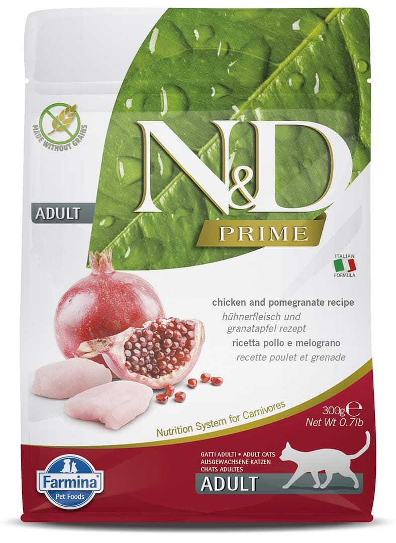 Farmina N&D Prime Adult Cat Food | Grain-Free, Low Glycemic | Chicken & Pomegranate |for a Strong Immune System| Complete Nutrition for Adult Cats | 0.3kg
