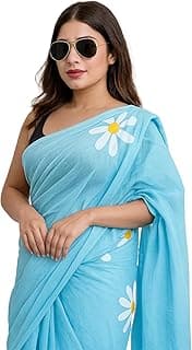 AKHUGA Lilan Cotton Saree with White Daisy Floral Prints Tassel Pallu Lightweight Summer Saree