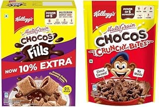 Kellogg's Chocos Fills 250g | Double Chocolaty, Anytime Snack | 3 Grains: Oats, Wheat & Rice, + Kellogg's Chocolatecrunchy Bites | Source Of Calcium, High In Protein, With 10 Essential