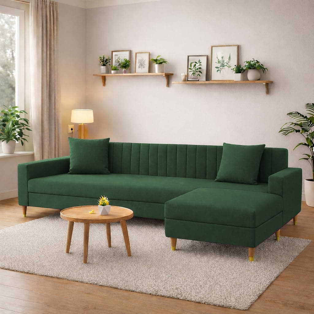 Casaliving Garcia 4 Seater L Shape Convertible Sofa Set for Living Room, 3 Seater & Ottoman Modular Sectional Couch for Small Space (Green) Sofa