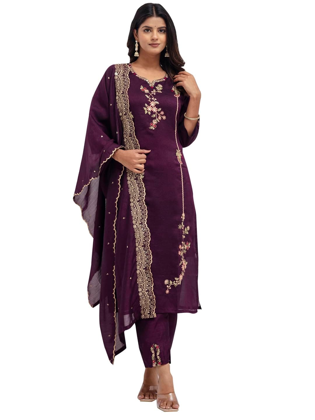 VredeVogel Women's Silk Blend Embroidery Kurta Pant Set with Inner & Dupatta | Kurta Set for Women Occasions