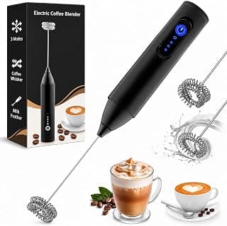 PRIMESKY® Handheld Electric Coffee Frother with 3 Speed Modes Rechargable Milk Frother with Stainless Steel Whisk Drink Mixer for Coffee Cappuccinos Matcha Gift - Black