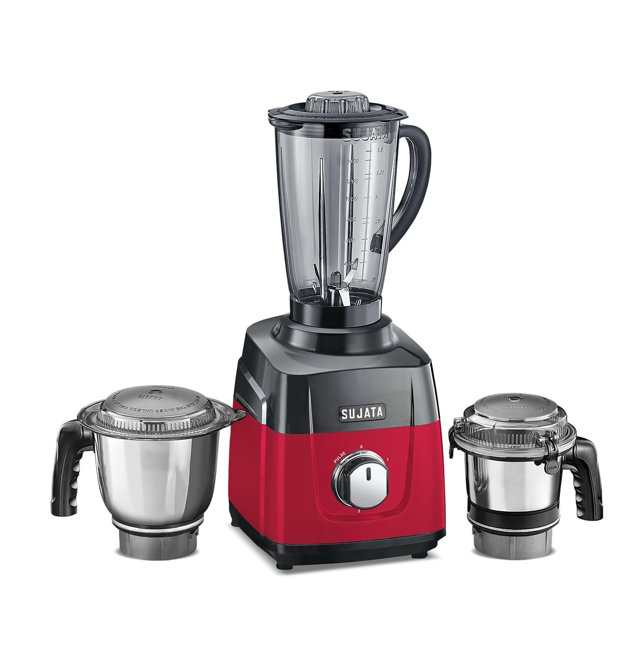 Sujata MG01 Mixer Grinder 1000Watts | Double Ball Bearing Motor | 24000 RPM | Non-Stop 90 Mins Running | 3 Jars including 1750ml Blender, 1000ml Grinder, 500ml Chutney Jar | Red & Black