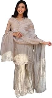 ROYALICA Women's Embroidered Beige Sharara Suit Set with Dupatta | Ethnic