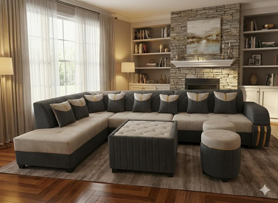 WOODREAM Left Facing Upholstered Modern L Shape Sofa 9 Seater | Sectional Leatherette Fabric Sofa Set with Centre Table and 2 Puffy Ottomans for Living Room & Drawing Room | Dark Grey & Cream